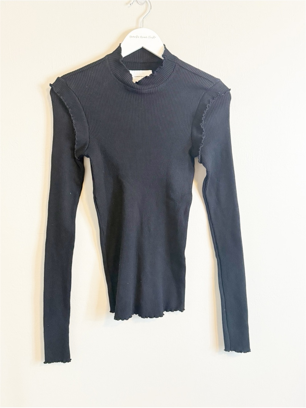 CURRENT/ELLIOTT Women’s Black THE RUFFLE RIB TOP Long Sleeve Knit Ruffle Size M - Picture 2 of 7